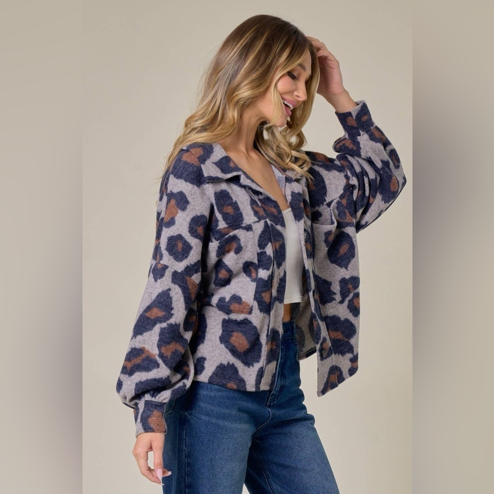Saints & Hearts Gray and Brown Leopard Patterned Oversized Boxy Sweater Cardigan - Picture 2 of 14